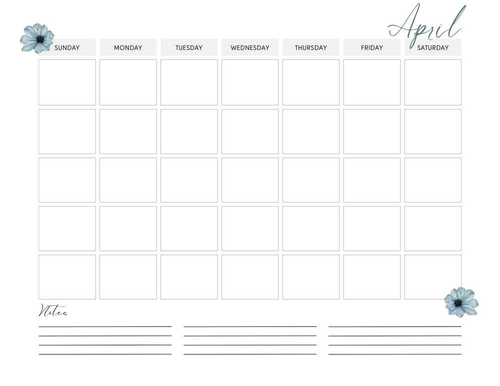 printable blank April Calendar,  PDF, Free Printable