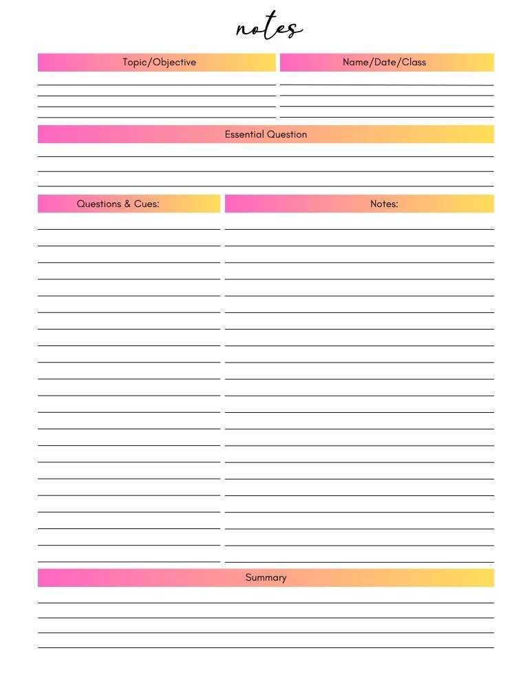 printable cornell notes,  PDF, Free Printable