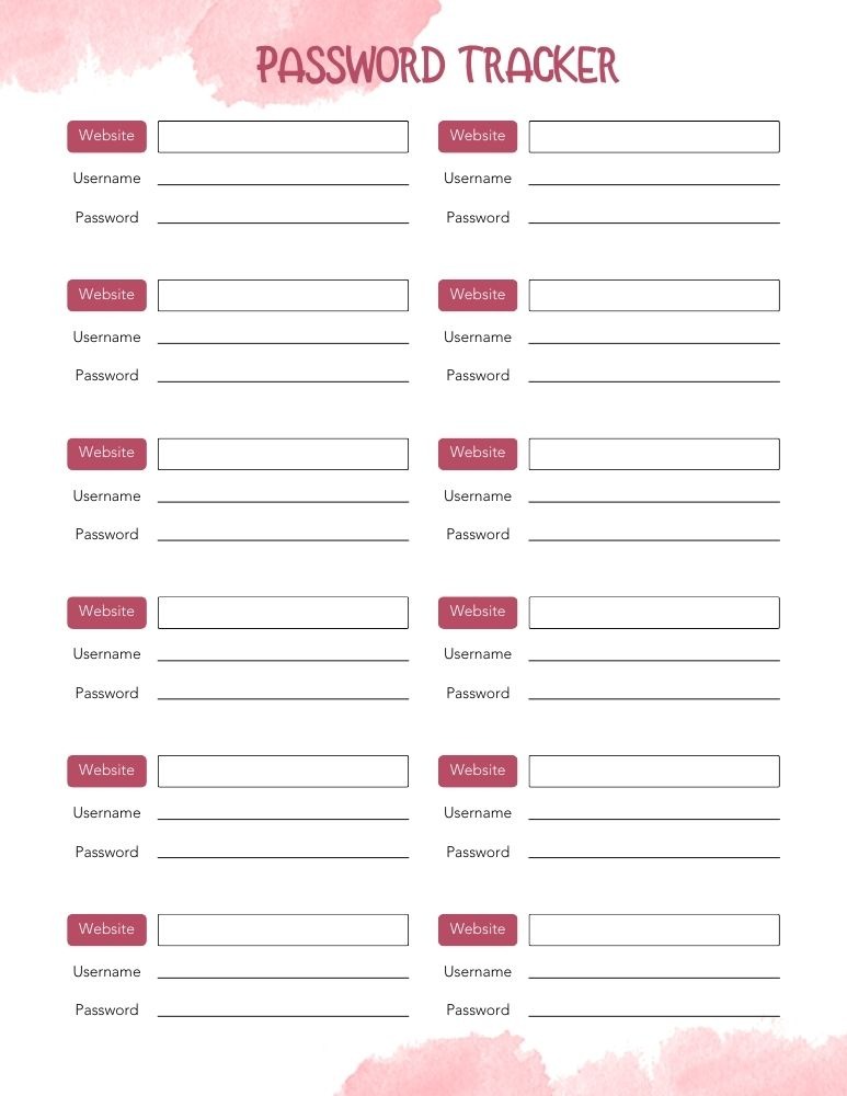 printable password log, PDF, Free