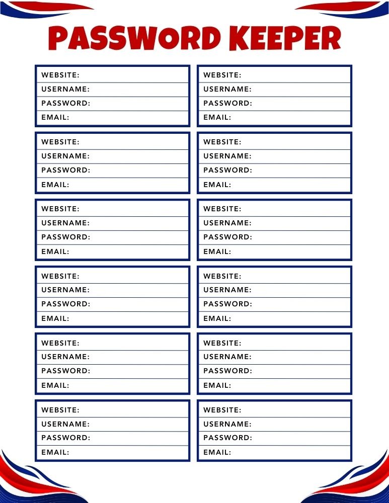 printable password log, PDF, Free