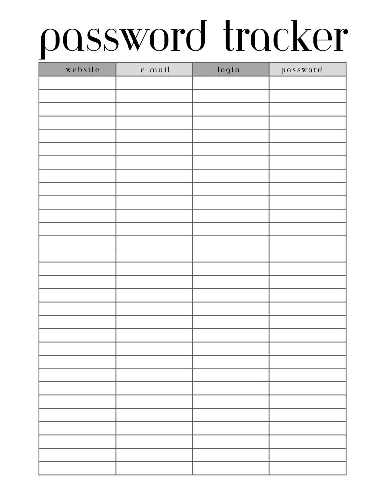 printable password log, PDF, Free