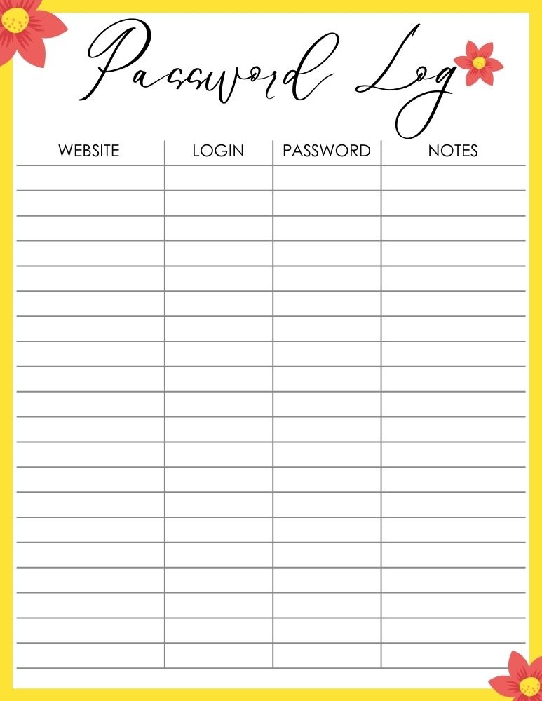 printable password log, PDF, Free