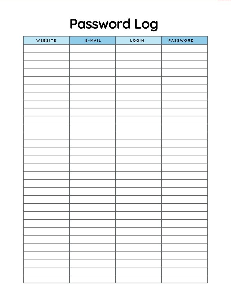 printable password log, PDF, Free