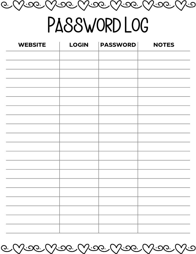 printable password log, PDF, Free