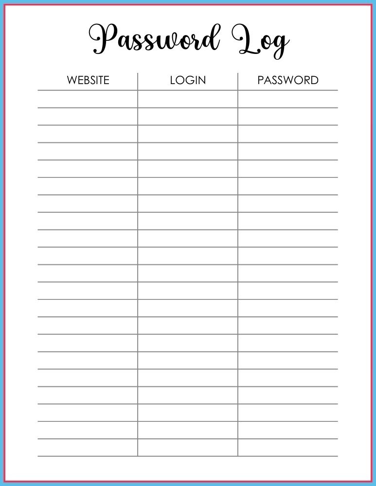 printable password log, PDF, Free