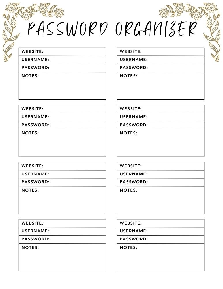 printable password log, PDF, Free