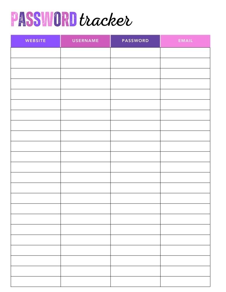 printable password log, PDF, Free