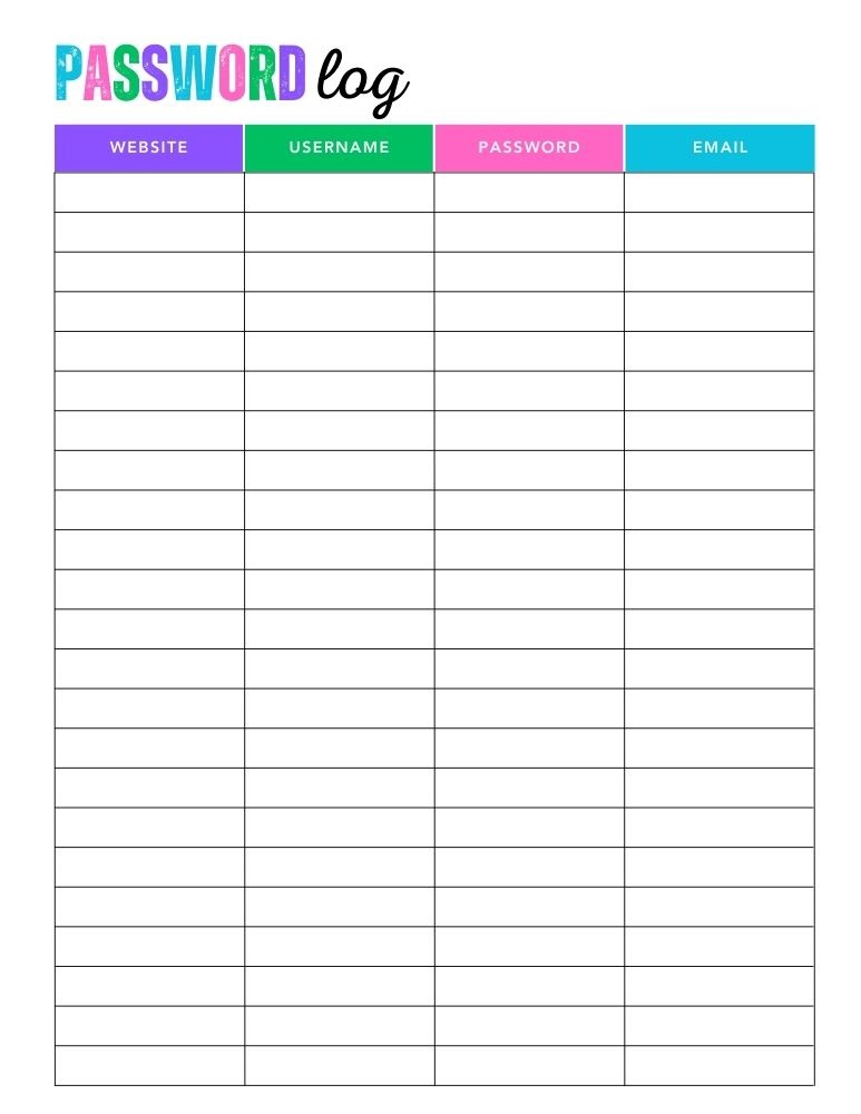 printable password log, PDF, Free