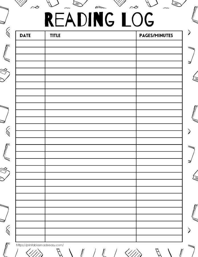 black and white printable reading log,  PDF, Free Printable