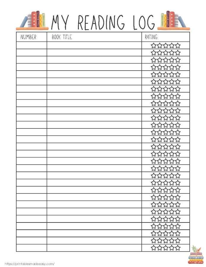 printable reading log with star ratings,  PDF, Free Printable