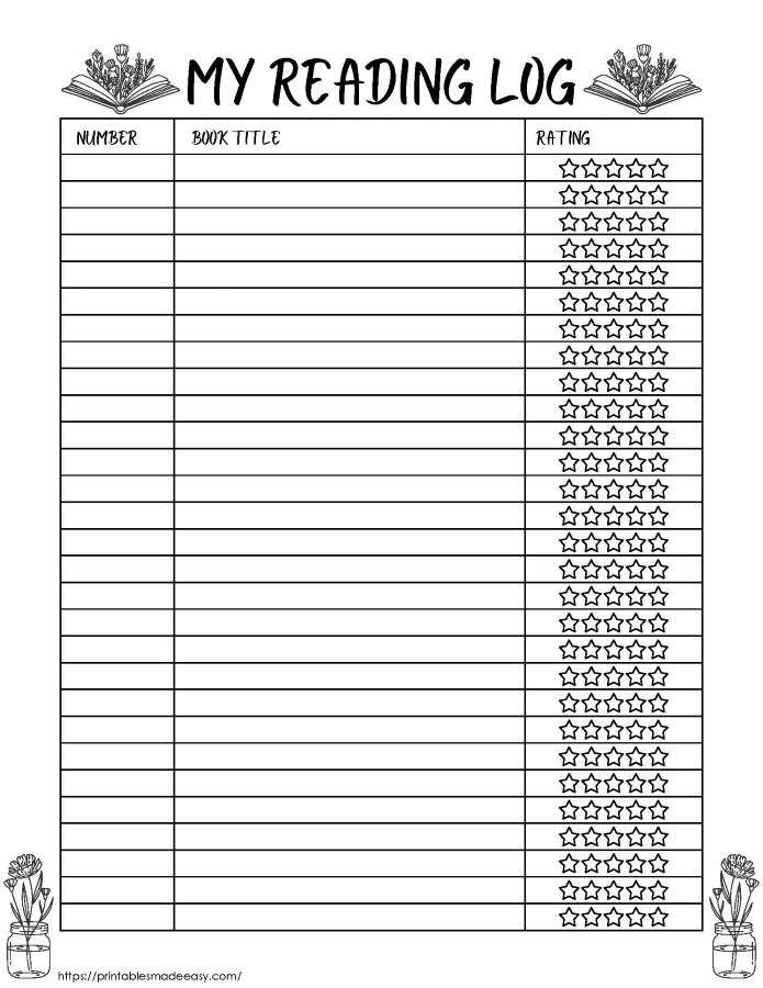 black and white printable reading log with star ratings,  PDF, Free Printable