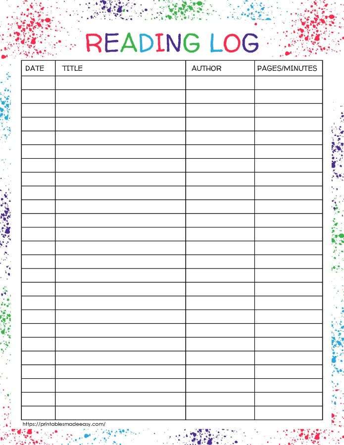 colorful printable reading log ,  PDF, Free Printable