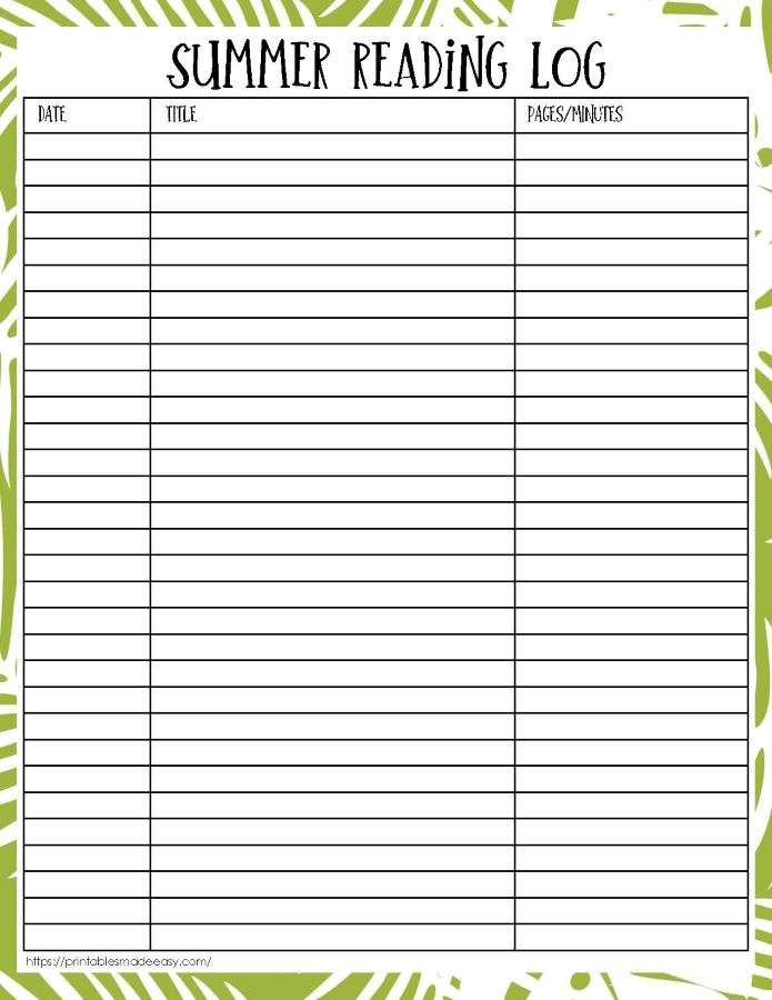 printable summer reading log in green,  PDF, Free Printable